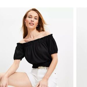 LOFT Crinkle Jacquard Black Off-Shoulder Blouse S NWOT